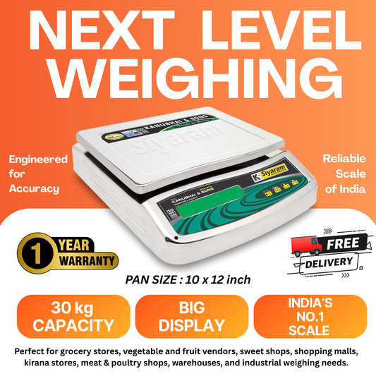 Siyaram 30kg x 1g Digital Weighing Scale for Kirana, Grocery, Kitchen & Commercial Use | Stainless Steel Dual Display Model with Front & Back Green Display (10x12 inches). SI-30RS