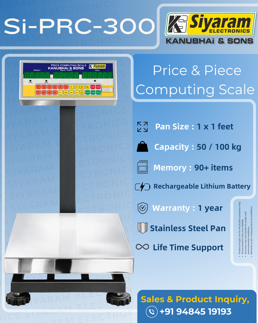 Siyaram Price Computing & Piece Counting Scale 50kg / 100kg | Digital Weighing Machine 1x1 Feet Pan size | PRC Scale for Shop, Mandi & Retail | Stainless Steel Platform | 99 Memory | Heavy Duty