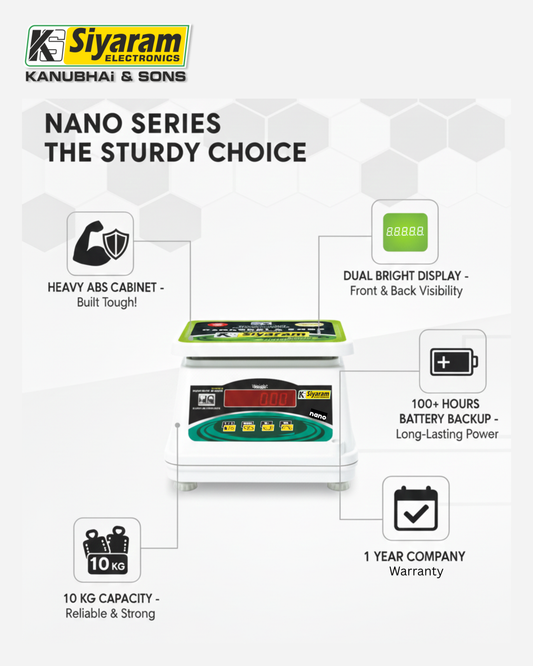Siyaram's Nano ABS 10/20kg x 1g Digital Weighing Scale – Ideal for vegetable vendors, fruit sellers, and manufacturing use. ABS Body | Pan Size: 7x9 inches (175x225mm).