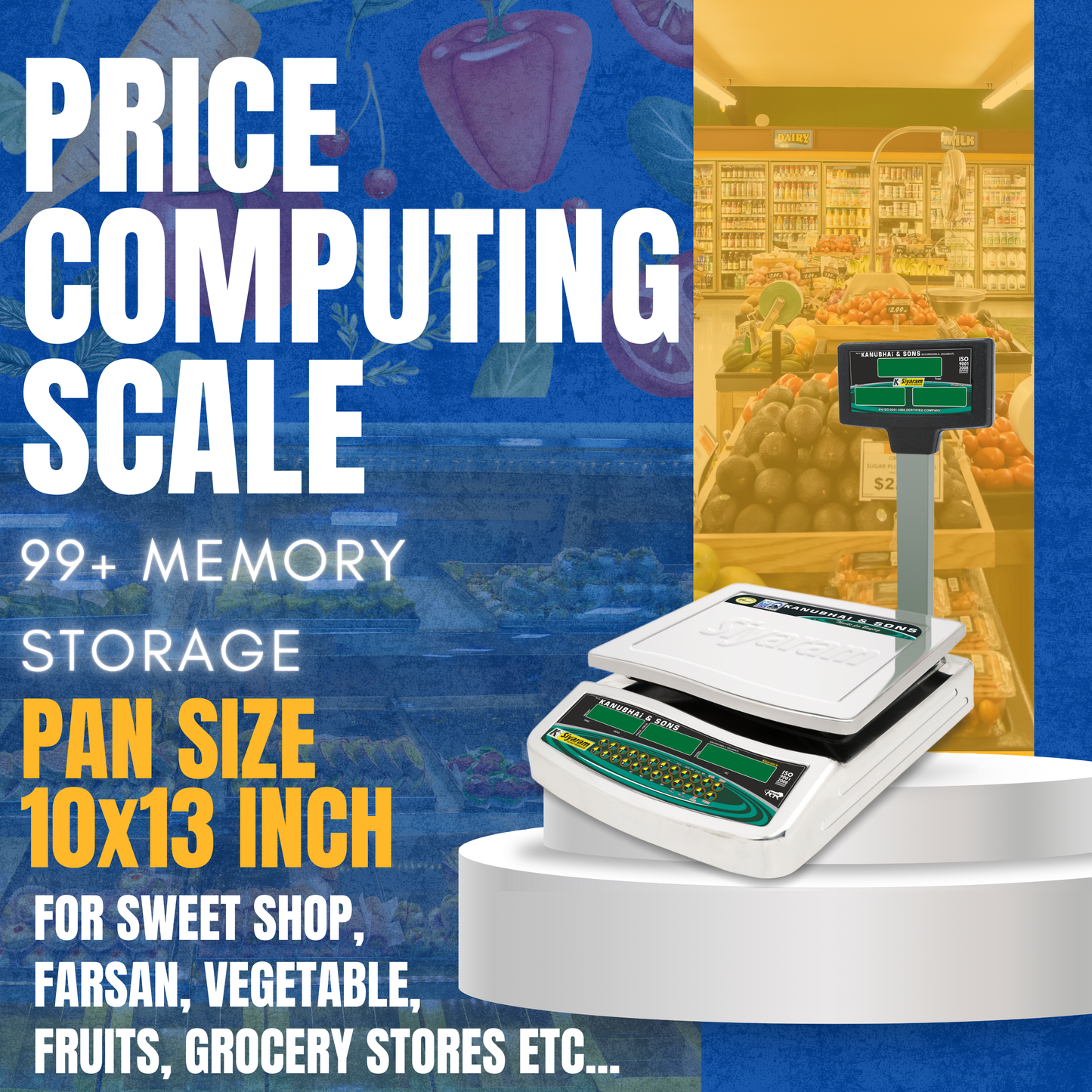 Siyaram's PRC 30kg x 1g Price Computing Scale with India's no.1 Scale with Triple Display & Pole | 90+ Memory Storage | Stainless Steel Body | 10x13 Inch Pan | Rechargeable Battery | Ideal for Shops, Grocery Stores, Dairy, Meat Shops & More