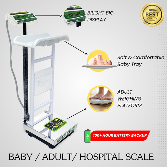 Siyaram’s Baby & Adult Weighing Scale – 16x18" (400x450mm) Pan Size 150 kg  | Hold Function | 100+ Hour Battery Backup | 1-Year Warranty | Rechargeable Heavy-Duty Digital Scale for Hospitals, Clinics & Homes