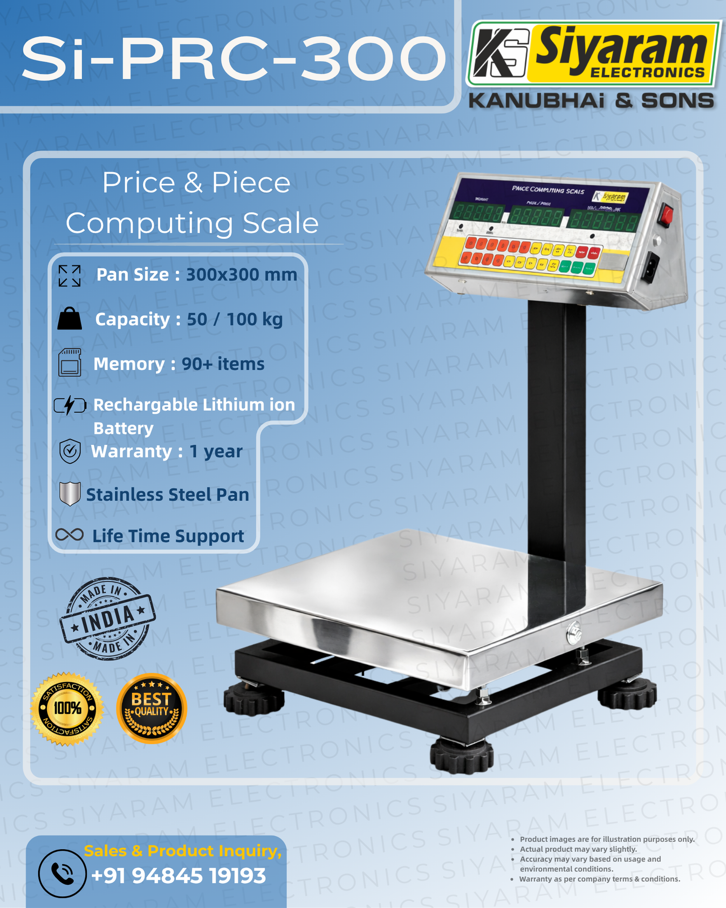 Siyaram Price Computing & Piece Counting Scale 50kg / 100kg | Digital Weighing Machine 1x1 Feet Pan size | PRC Scale for Shop, Mandi & Retail | Stainless Steel Platform | 99 Memory | Heavy Duty