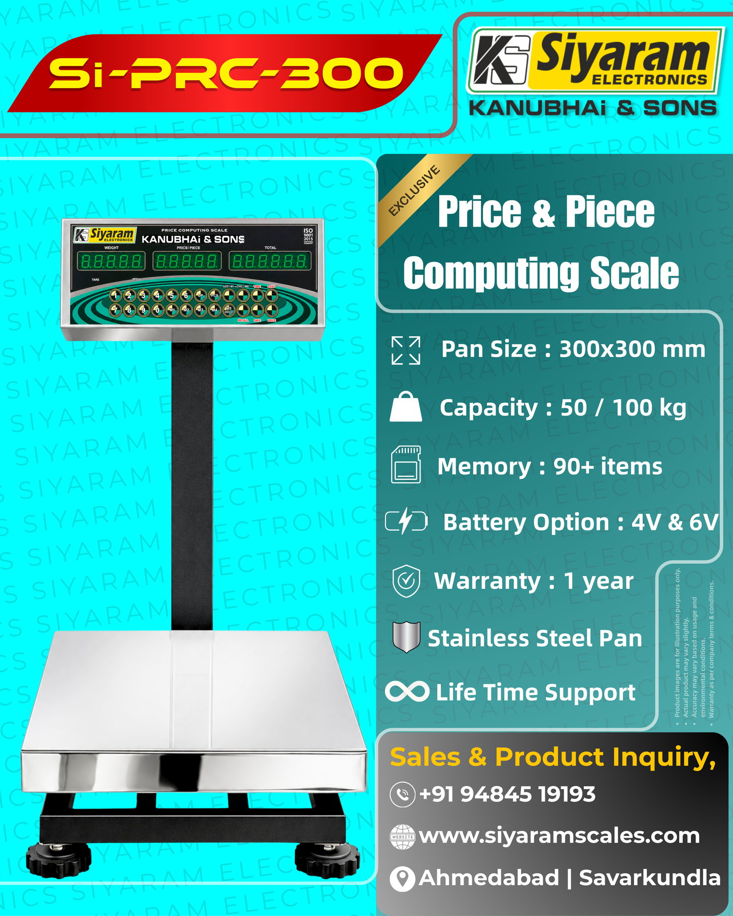 Siyaram Price Computing & Piece Counting Scale 50kg / 100kg | Digital Weighing Machine 1x1 Feet Pan size | PRC Scale for Shop, Mandi & Retail Use | Stainless Steel Platform | 99 Memory | Heavy Duty