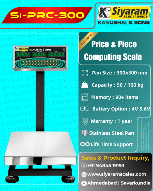 Siyaram Price Computing & Piece Counting Scale 50kg / 100kg | Digital Weighing Machine 1x1 Feet Pan size | PRC Scale for Shop, Mandi & Retail Use | Stainless Steel Platform | 99 Memory | Heavy Duty