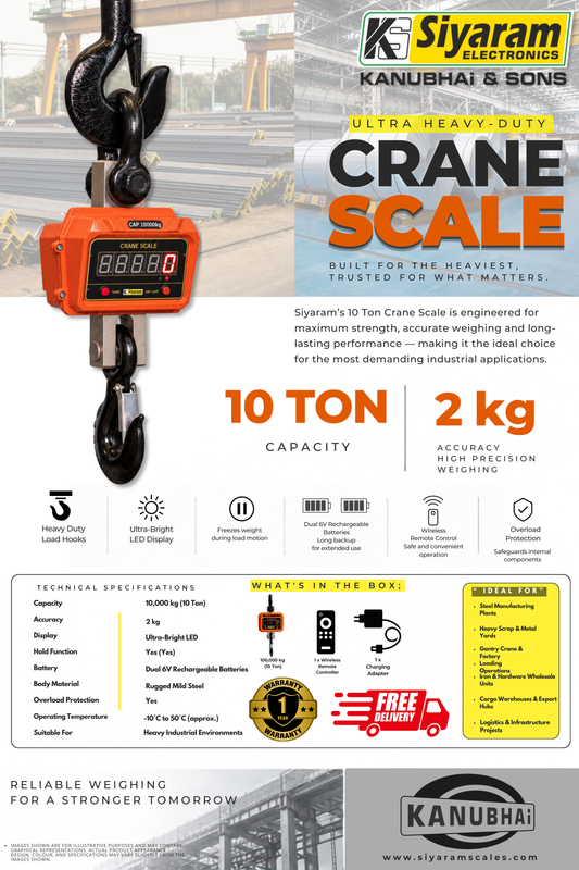 Siyaram 10 Ton x 2kg Ultra Heavy-Duty Crane Scale | Dual Battery, LED Display, Remote Operated | Built for Steel Plants, Scrap Yards, and Factory Giants